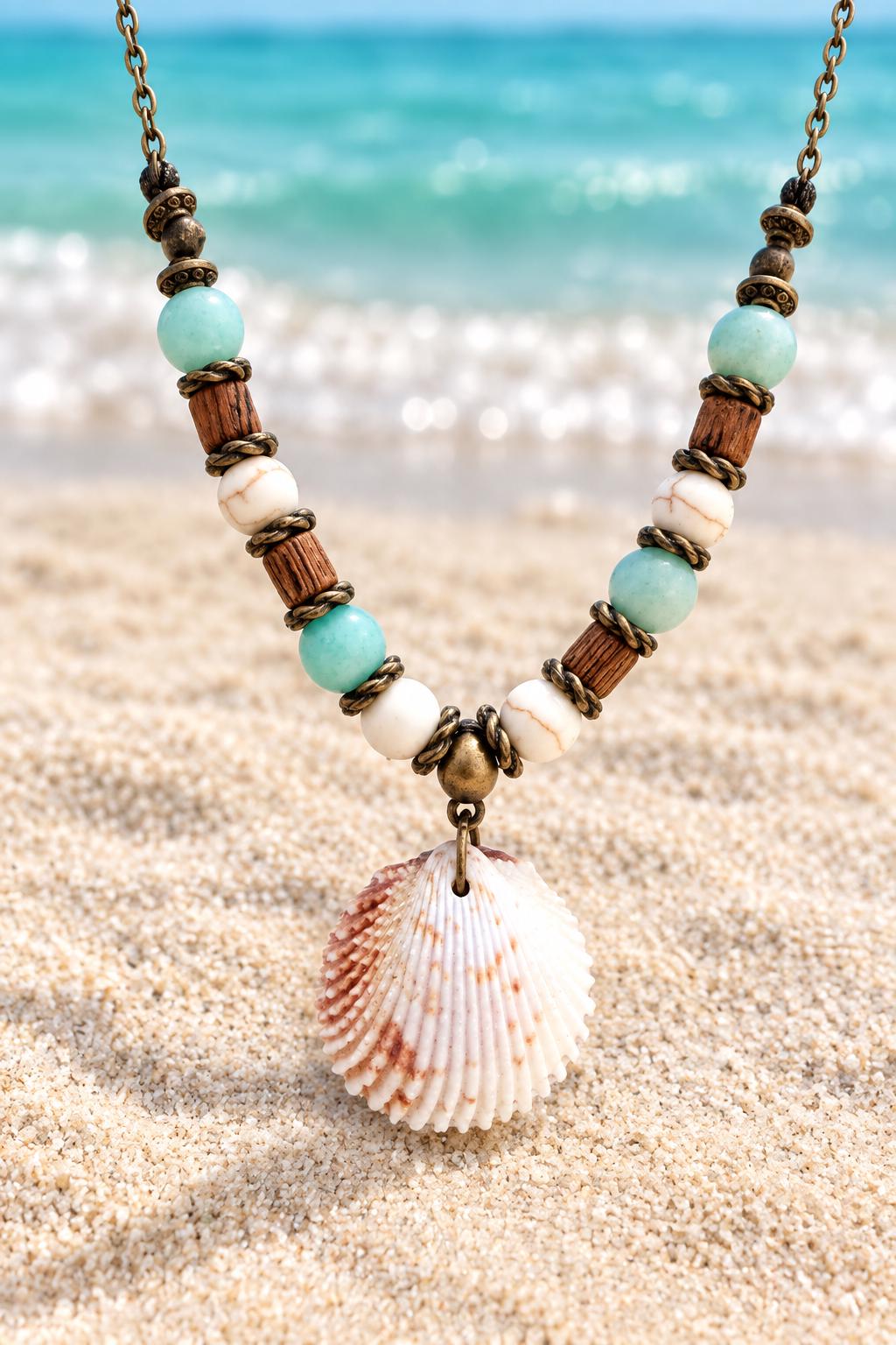 Handmade Seashell Statement Necklace with Turquoise Beads Coastal Boho Jewelry