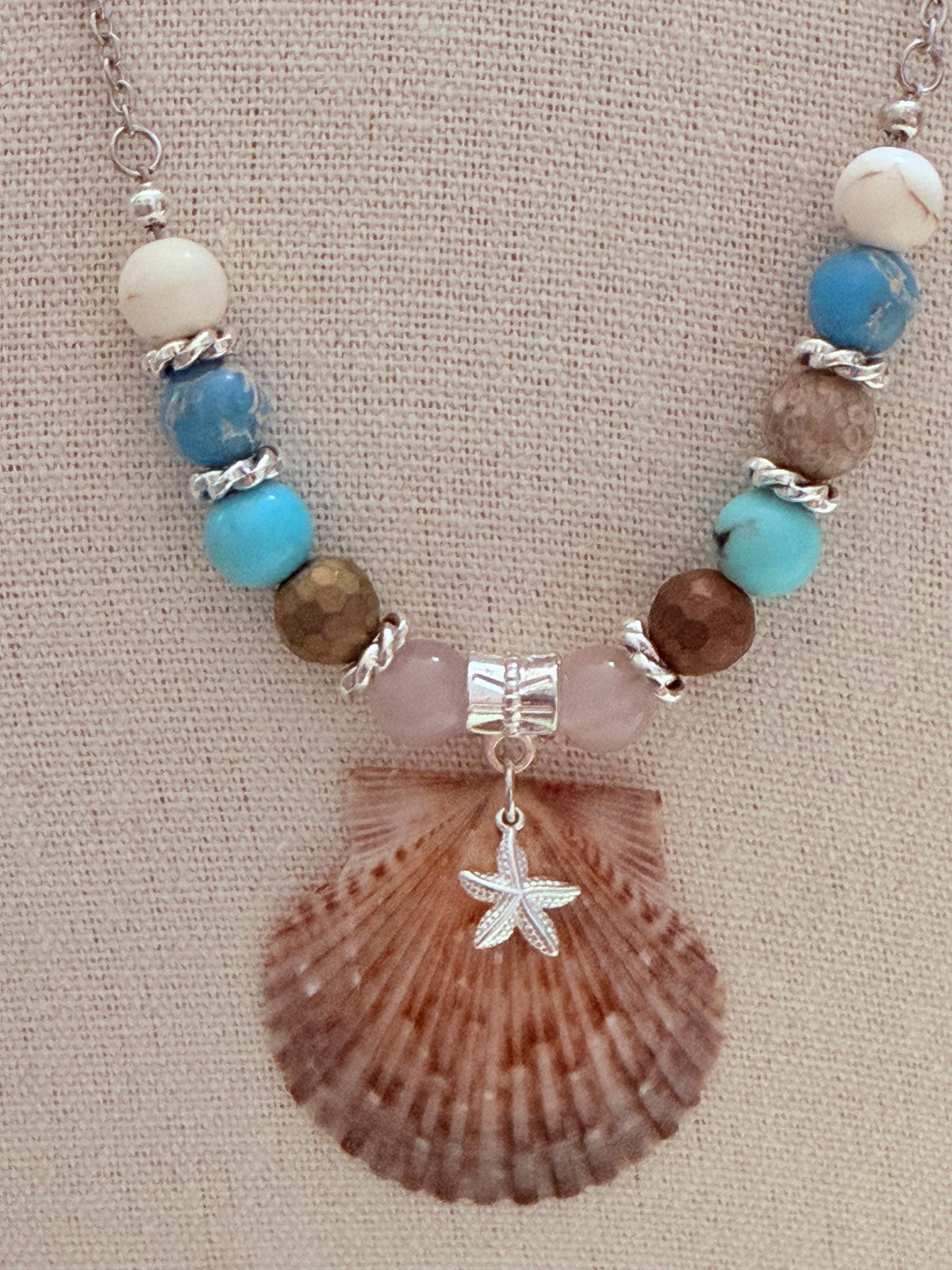 Handmade Scallop Shell Necklace Colorful Beads 18 Inch Stainless Steel Chain
