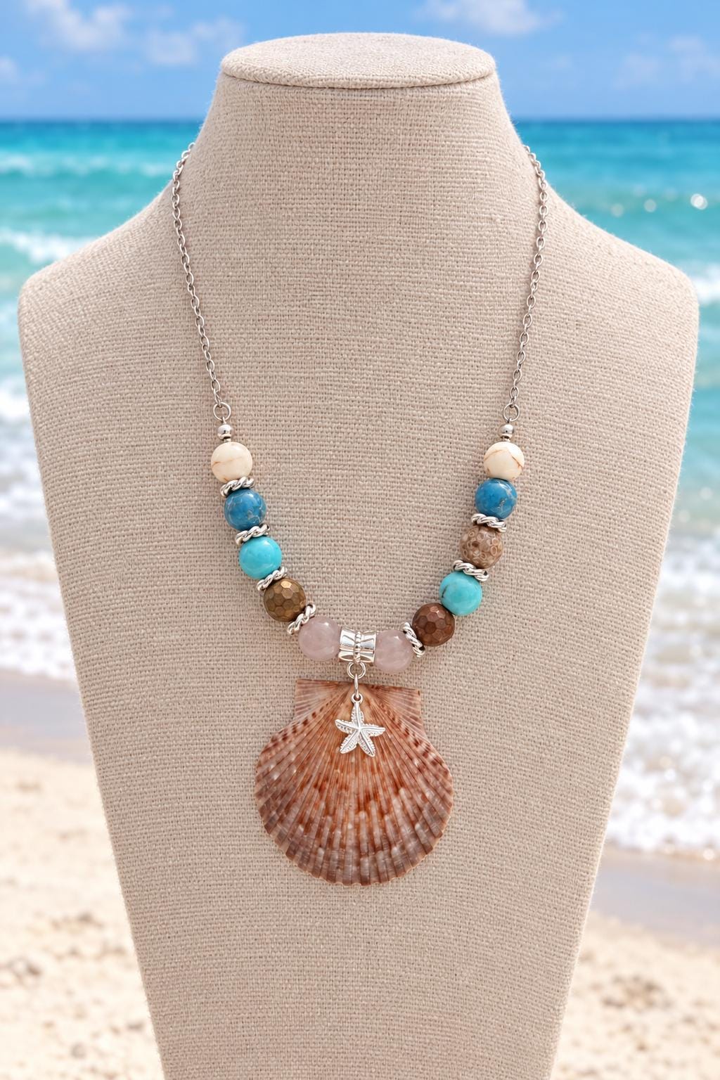 Handmade Scallop Shell Necklace Colorful Beads 18 Inch Stainless Steel Chain