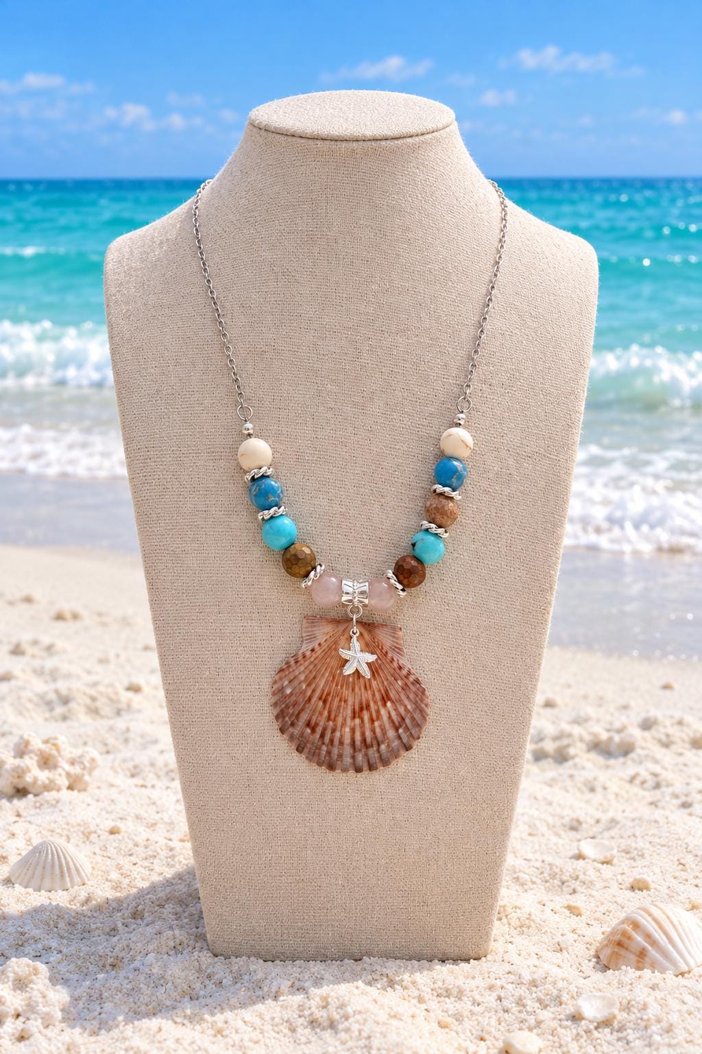 Handmade Scallop Shell Necklace Colorful Beads 18 Inch Stainless Steel Chain