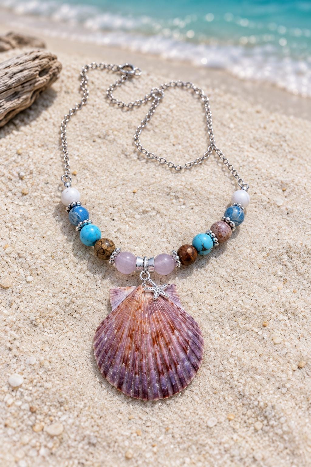 Handmade Scallop Shell Necklace Colorful Beads 18 Inch Stainless Steel Chain