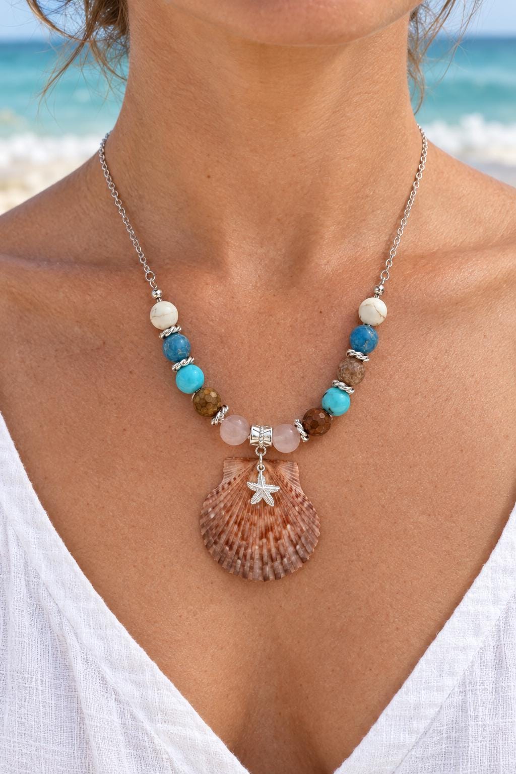 Handmade Scallop Shell Necklace Colorful Beads 18 Inch Stainless Steel Chain