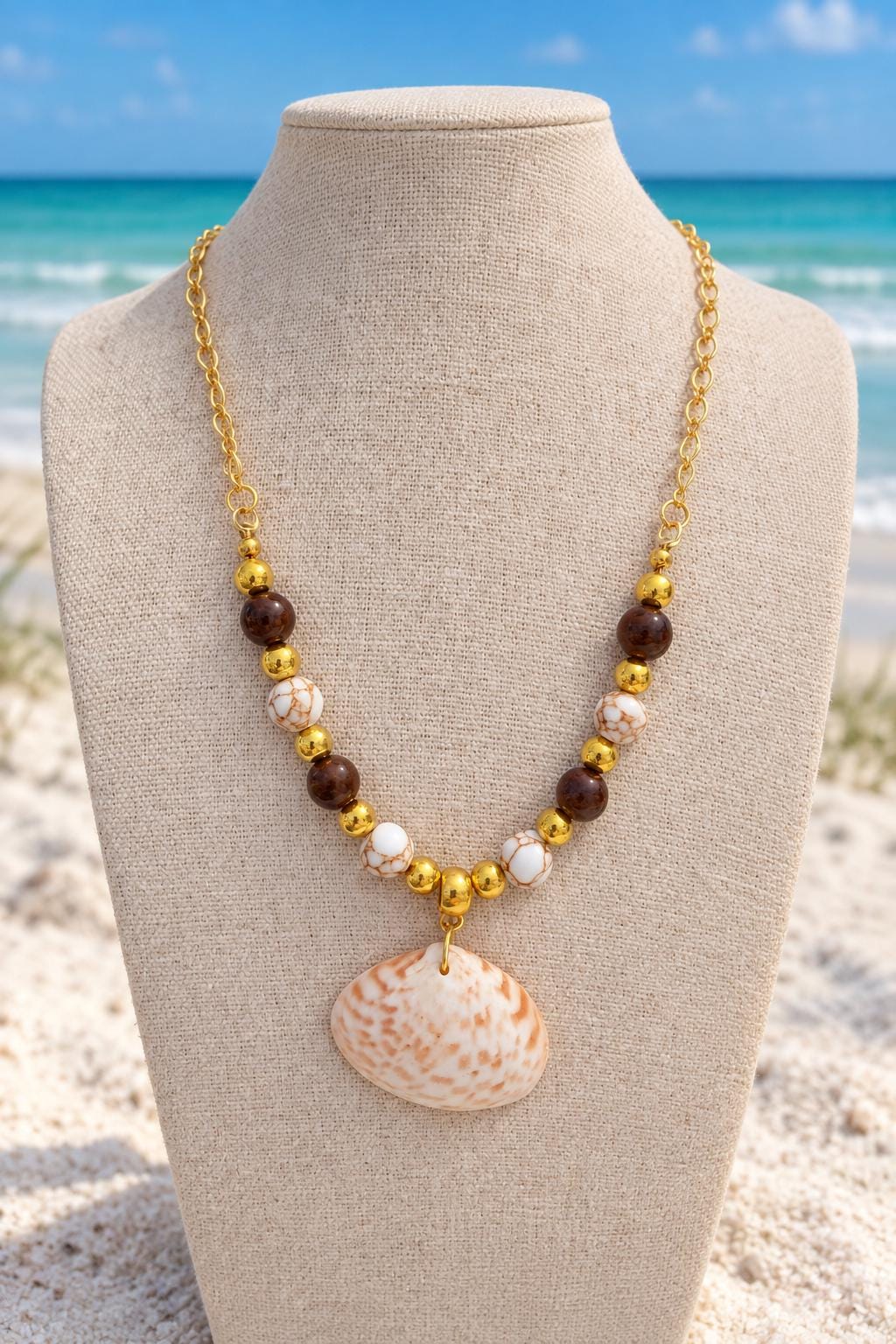 Handmade Calico Clam Shell Necklace With Colorful Coastal Beads 18 Inch Chain