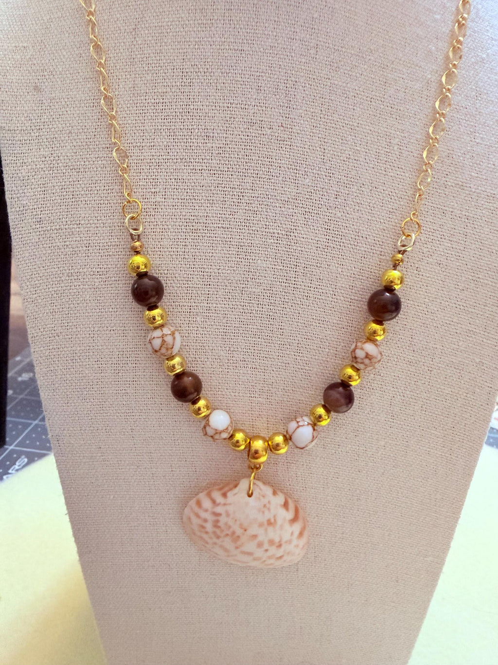 Handmade Calico Clam Shell Necklace With Colorful Coastal Beads 18 Inch Chain
