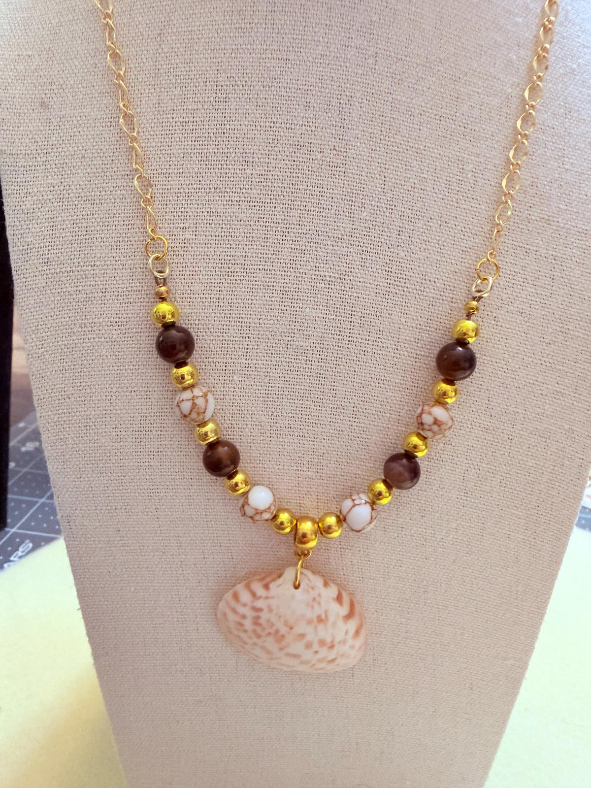 Handmade Calico Clam Shell Necklace With Colorful Coastal Beads 18 Inch Chain