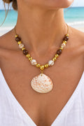 Handmade Calico Clam Shell Necklace With Colorful Coastal Beads 18 Inch Chain