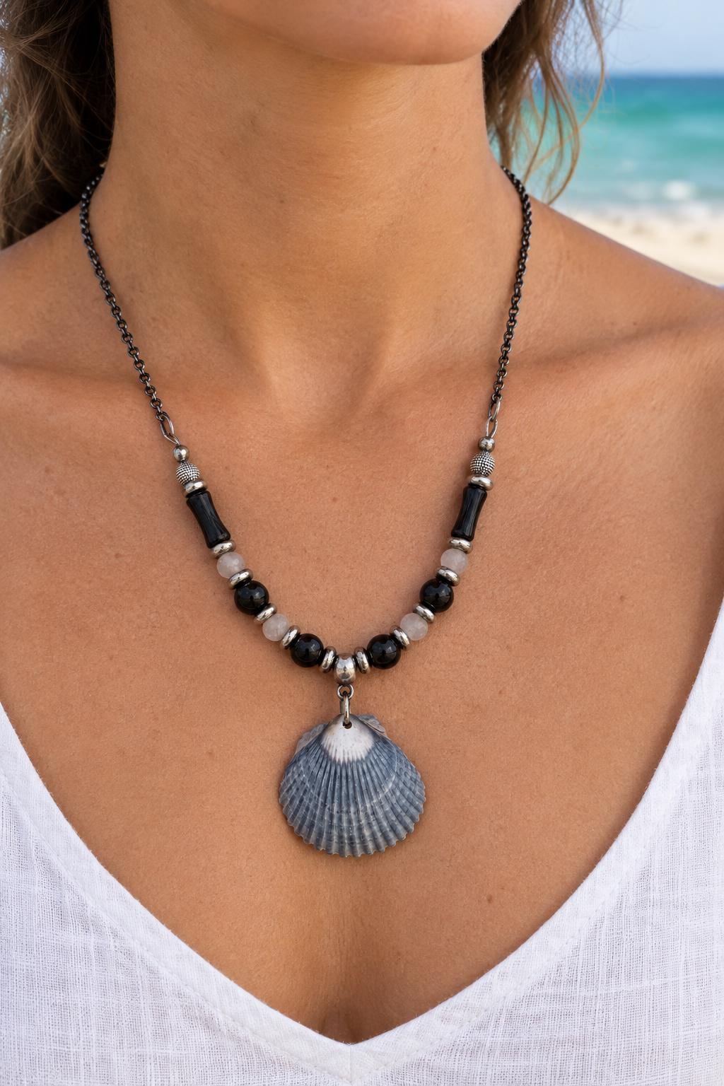 Natural Scallop Shell Necklace Handmade With Black Stainless Steel Chain