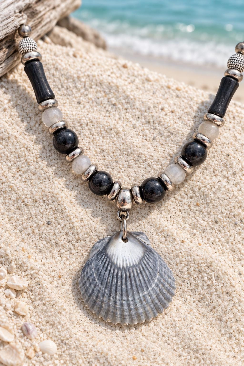 Natural Scallop Shell Necklace Handmade With Black Stainless Steel Chain