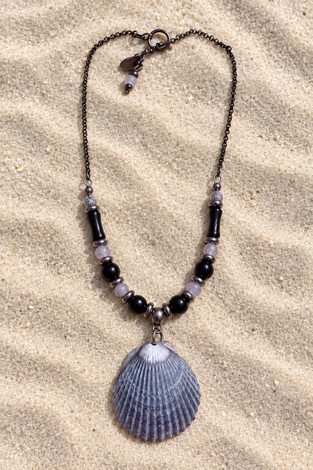 Natural Scallop Shell Necklace Handmade With Black Stainless Steel Chain