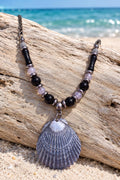 Natural Scallop Shell Necklace Handmade With Black Stainless Steel Chain