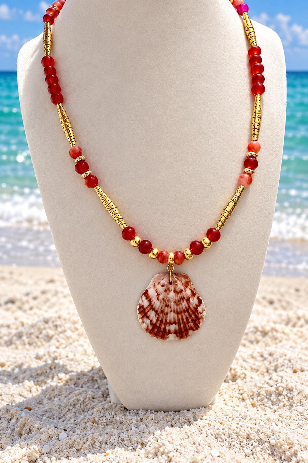 Handmade Calico Scallop Shell Necklace With Red and Gold Beads 18 Inch Coastal Jewelry