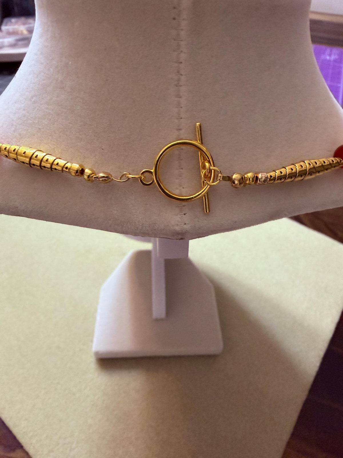 Handmade Calico Scallop Shell Necklace With Red and Gold Beads 18 Inch Coastal Jewelry