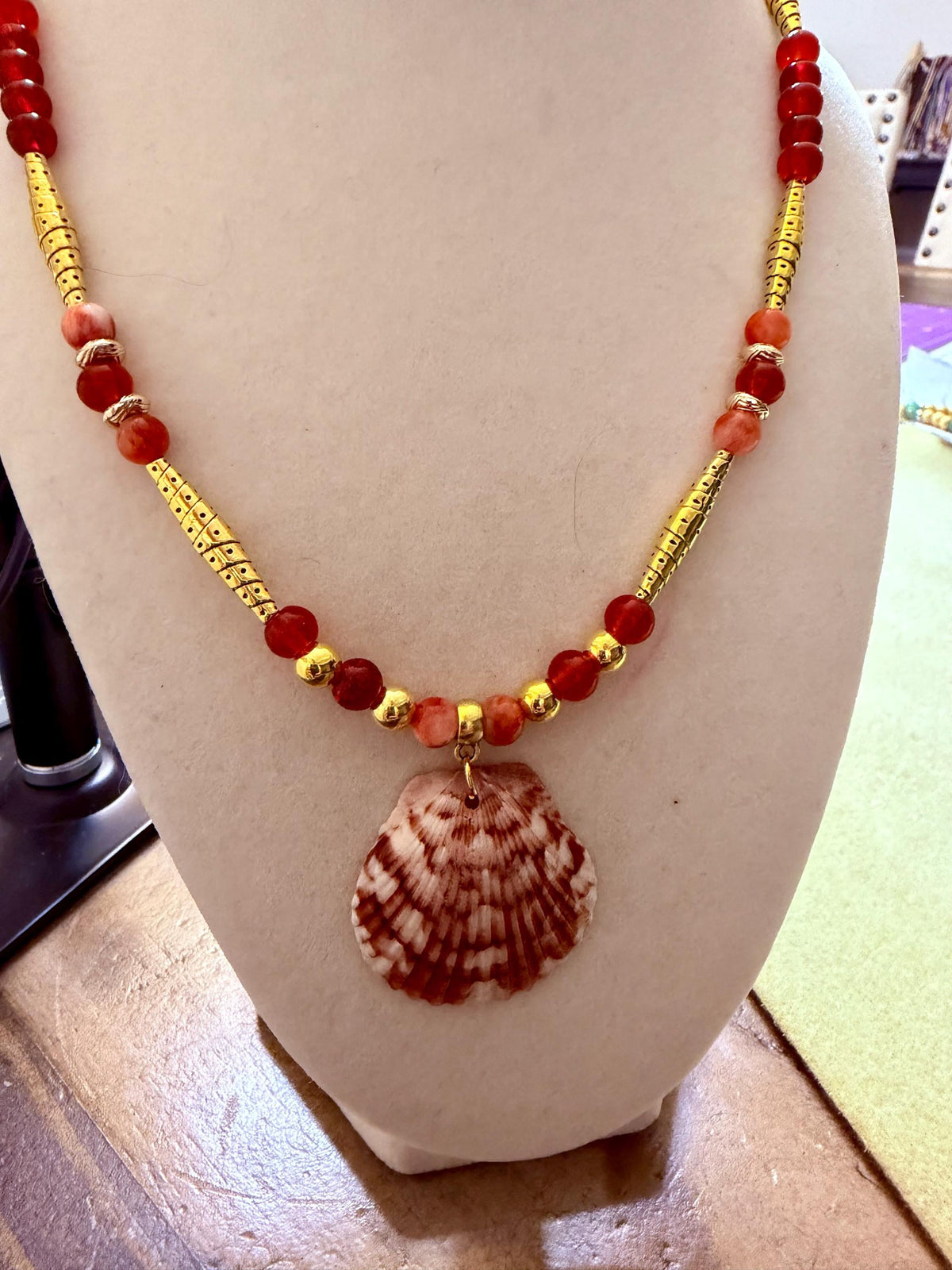 Handmade Calico Scallop Shell Necklace With Red and Gold Beads 18 Inch Coastal Jewelry