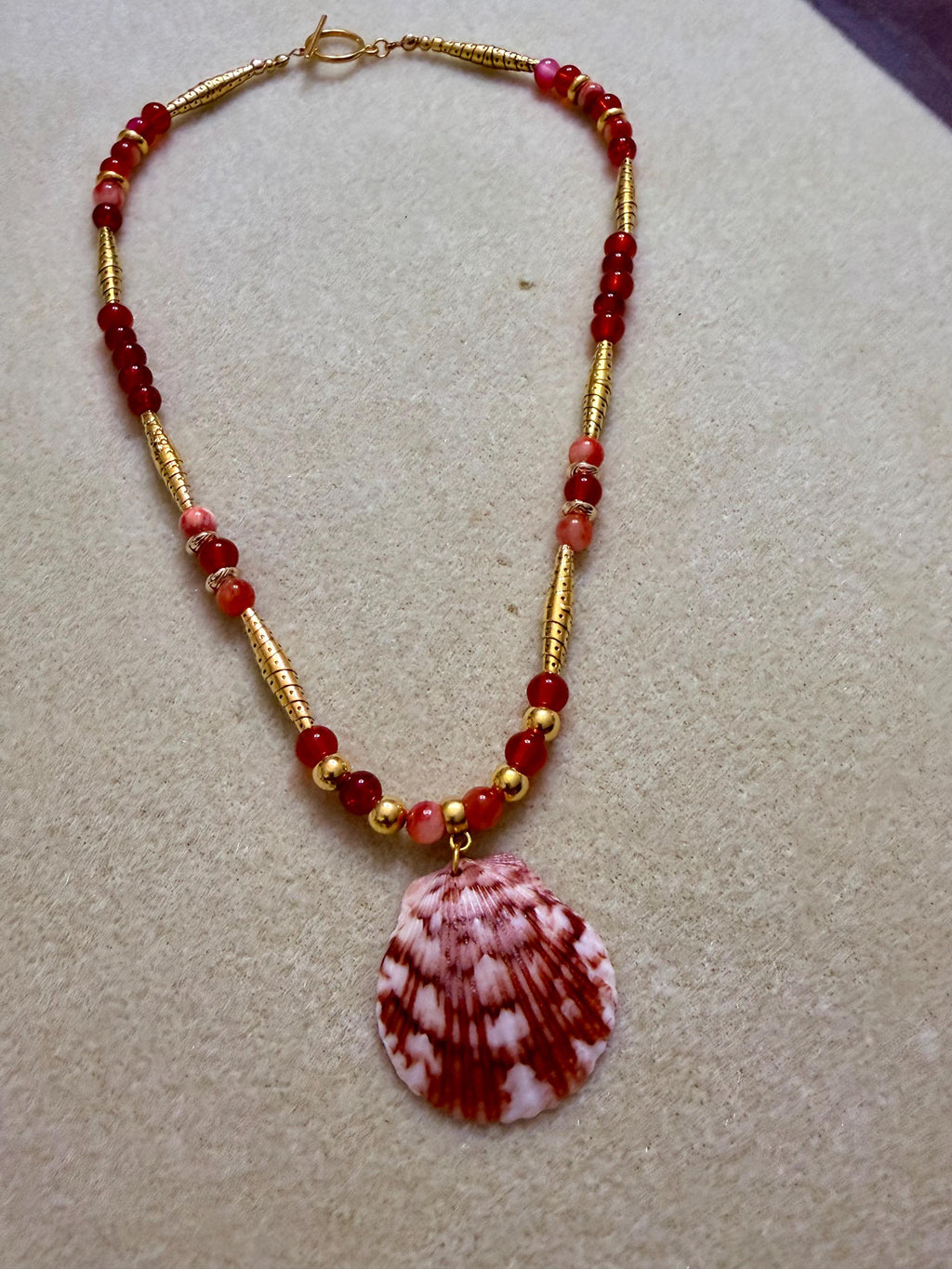 Handmade Calico Scallop Shell Necklace With Red and Gold Beads 18 Inch Coastal Jewelry