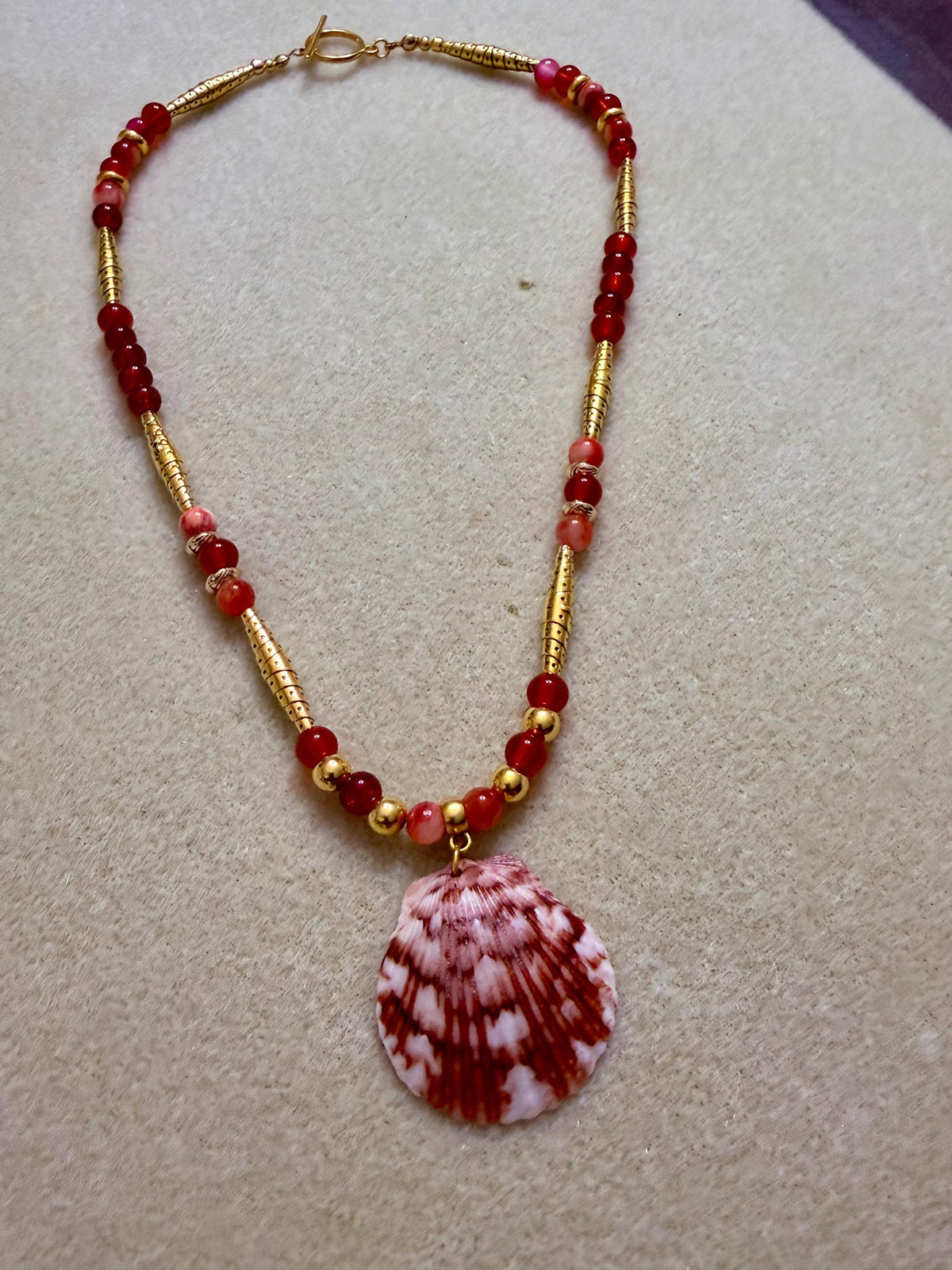 Handmade Calico Scallop Shell Necklace With Red and Gold Beads 18 Inch Coastal Jewelry