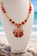 Handmade Calico Scallop Shell Necklace With Red and Gold Beads 18 Inch Coastal Jewelry