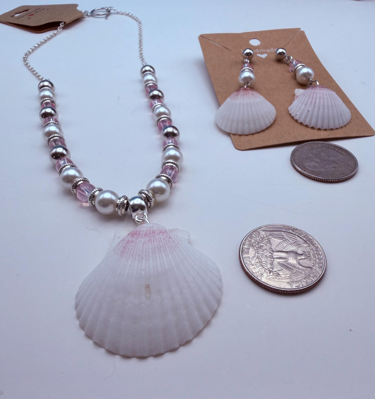Handmade Pink Scallop Shell Necklace and Earrings Coastal Jewelry Set