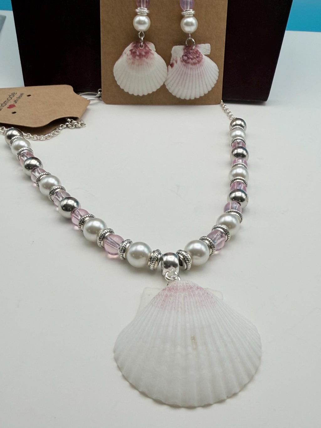 Handmade Pink Scallop Shell Necklace and Earrings Coastal Jewelry Set