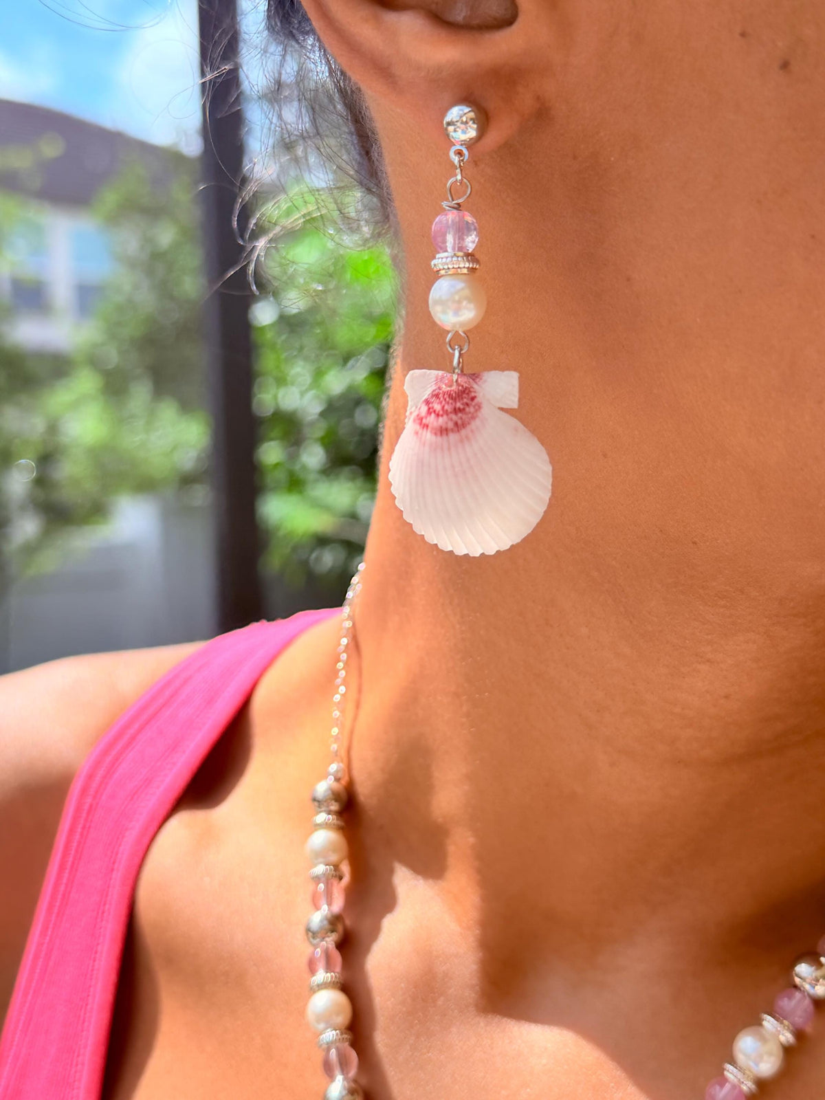Handmade Pink Scallop Shell Necklace and Earrings Coastal Jewelry Set
