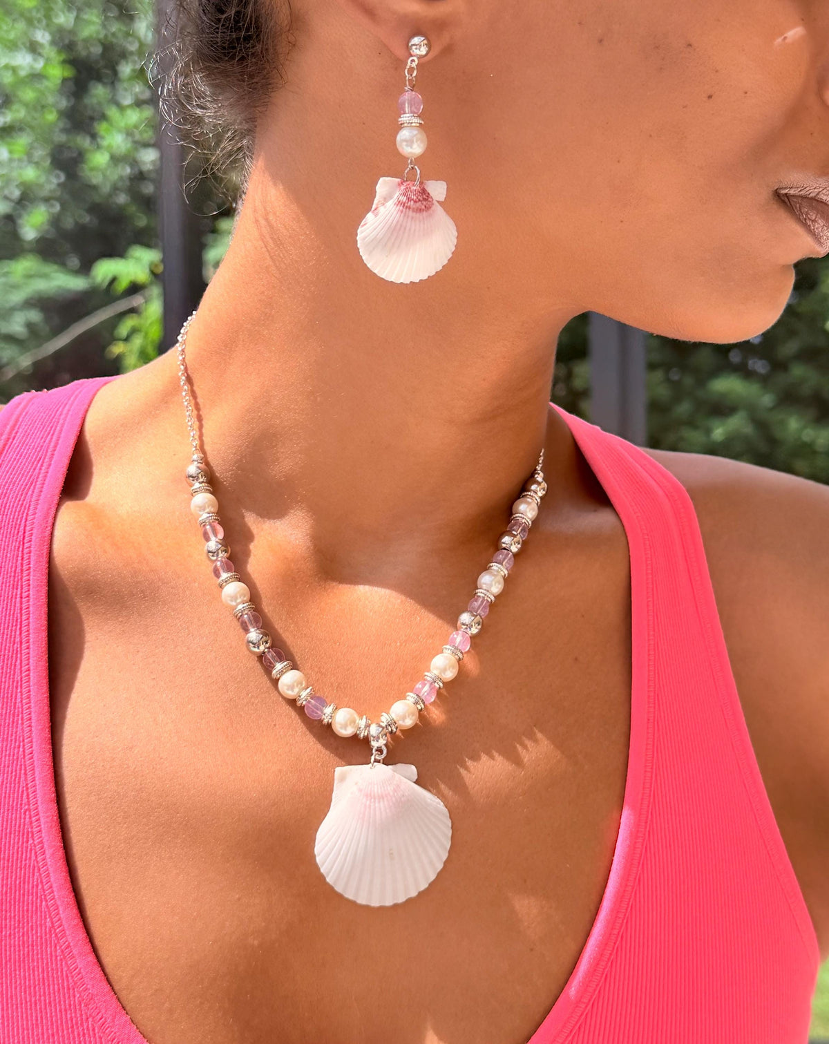 Handmade Pink Scallop Shell Necklace and Earrings Coastal Jewelry Set