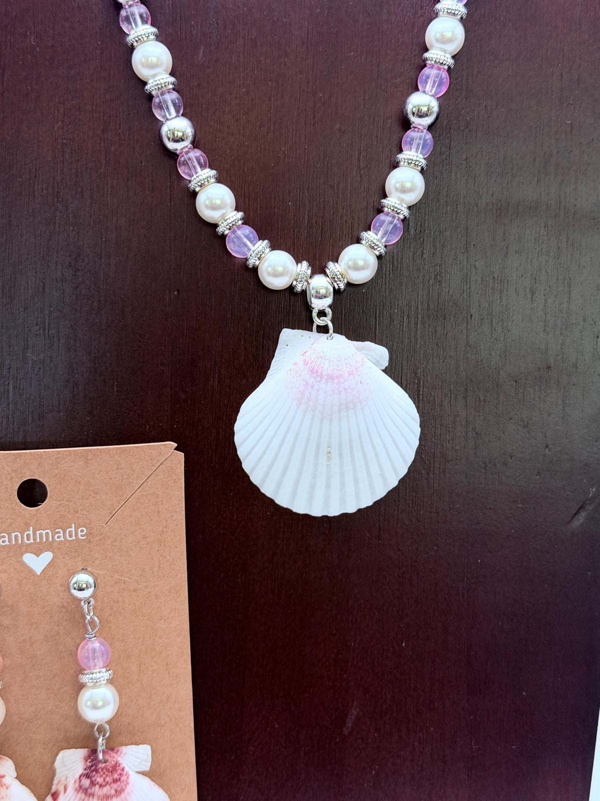 Handmade Pink Scallop Shell Necklace and Earrings Coastal Jewelry Set