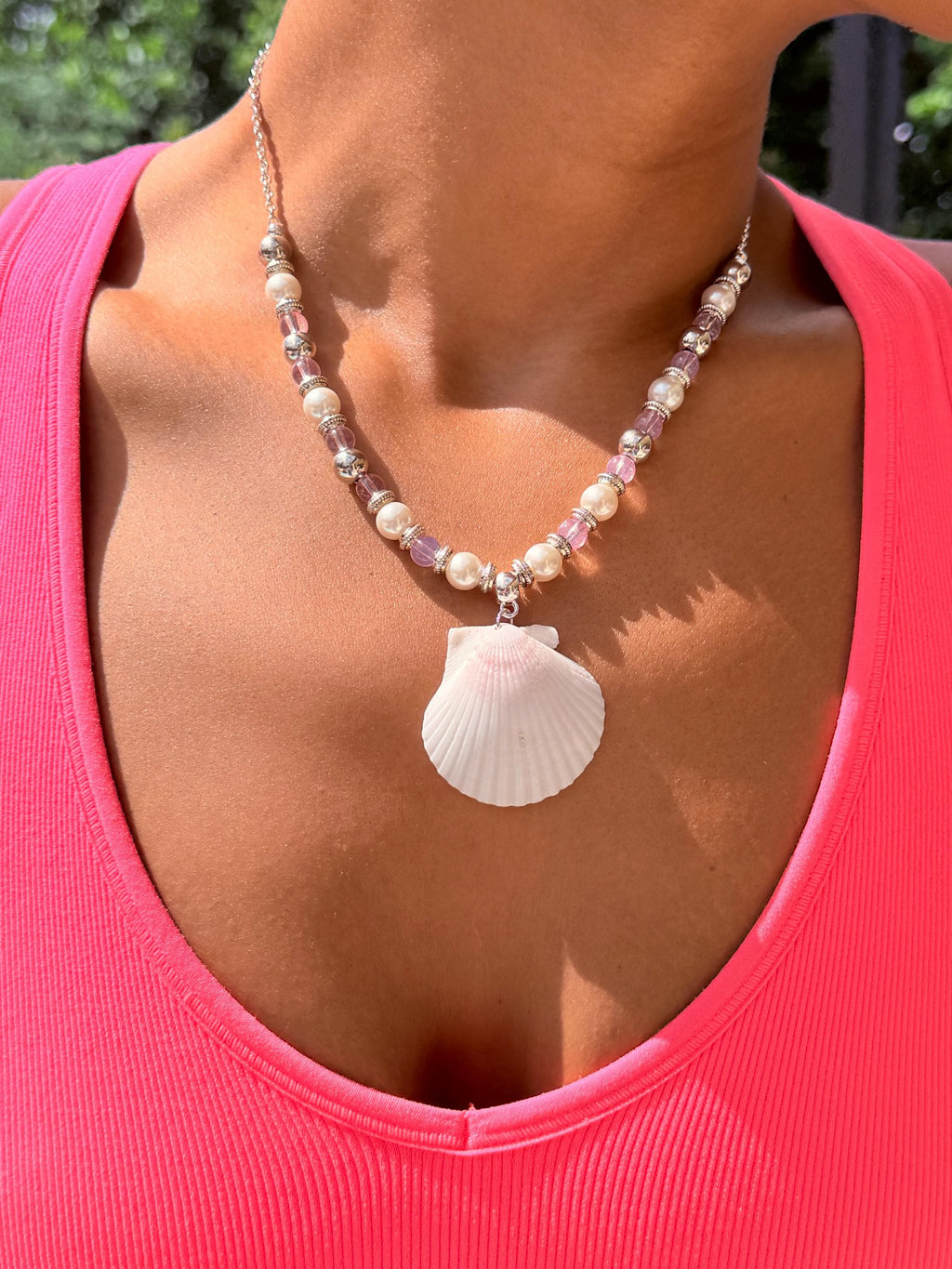 Handmade Pink Scallop Shell Necklace and Earrings Coastal Jewelry Set