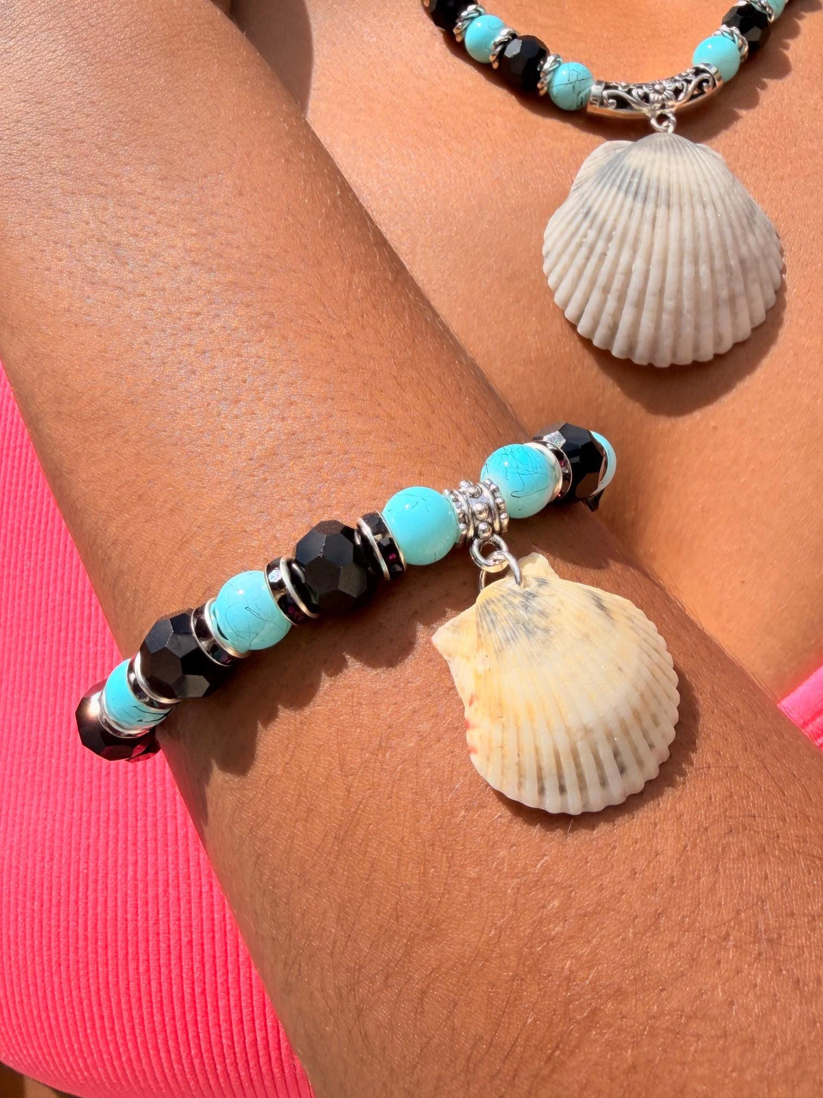 Turquoise Sanibel Island Handmade Seashell Necklace and Bracelet Jewelry Set