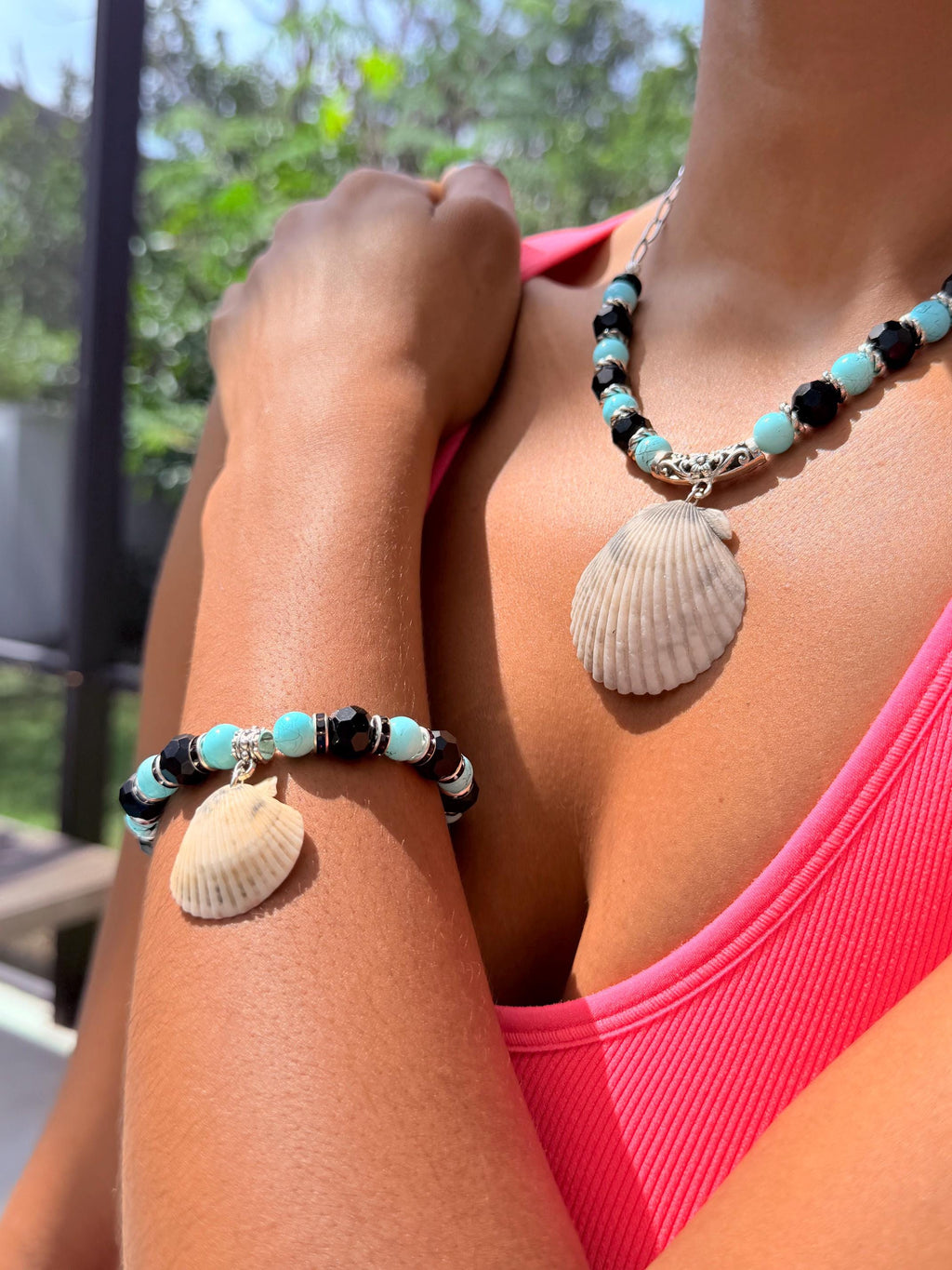 Turquoise Sanibel Island Handmade Seashell Necklace and Bracelet Jewelry Set