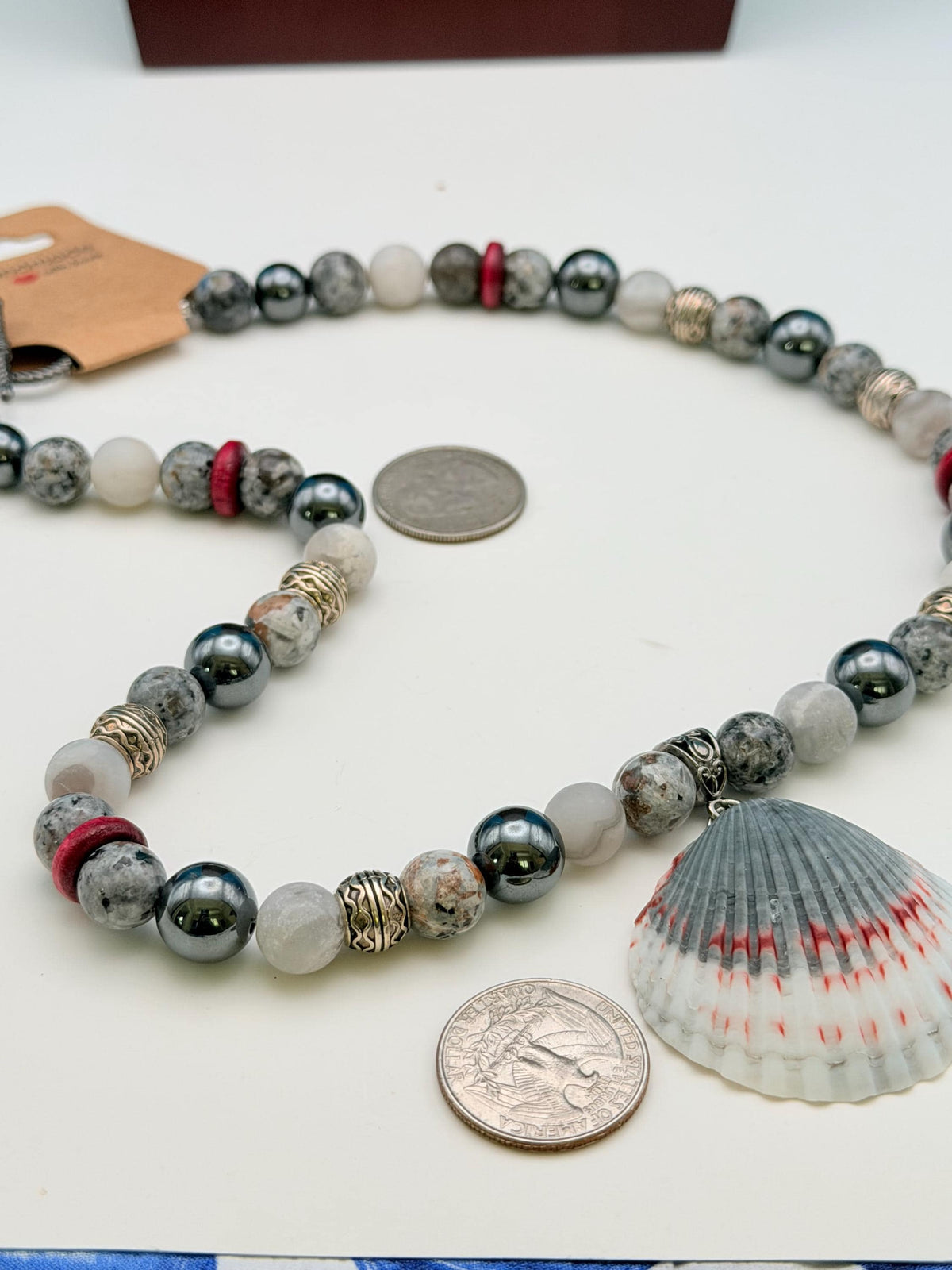 Men's Handmade Hematite and White Marble Bead Necklace with Burgundy Accents