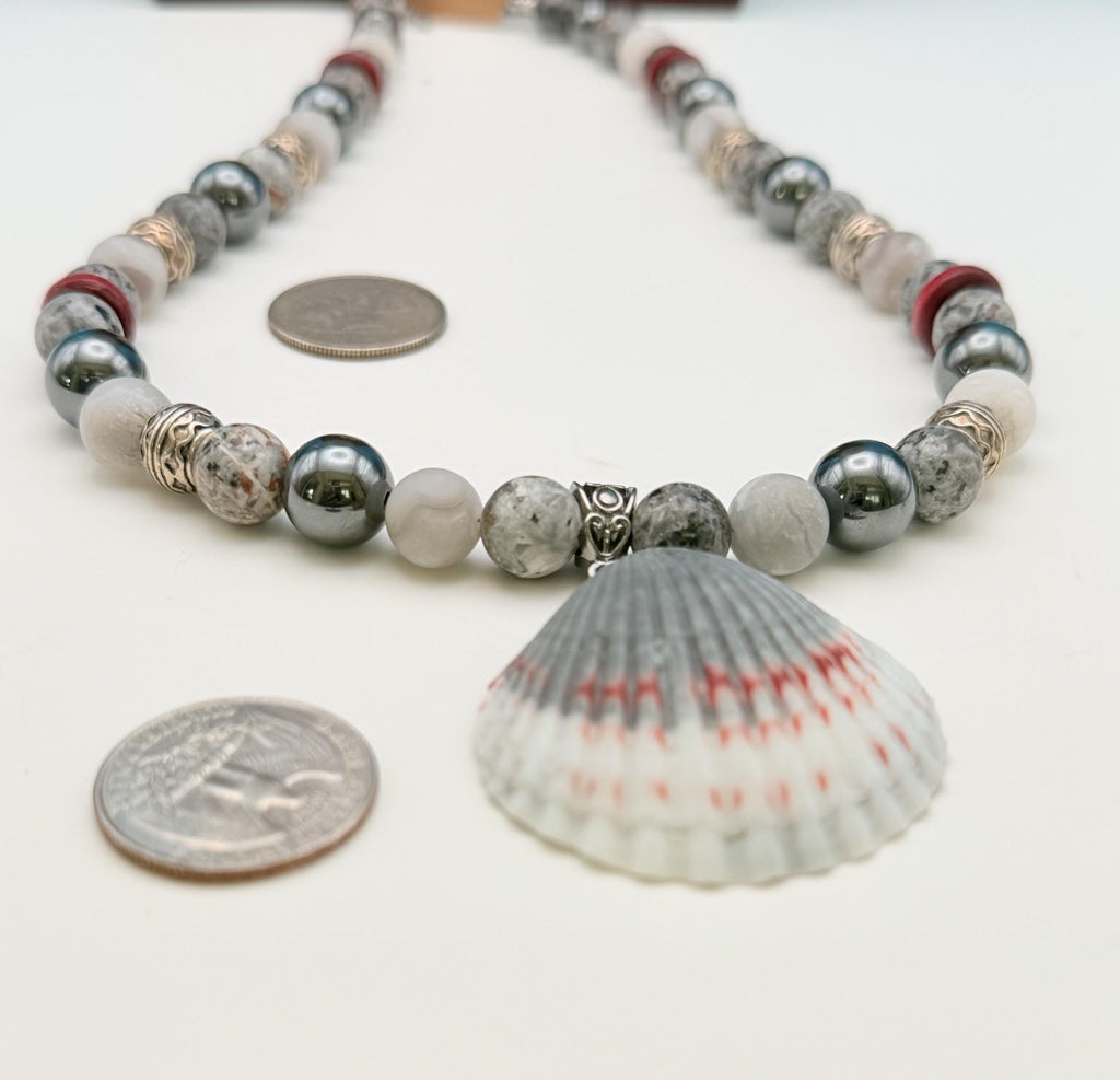 Men's Handmade Hematite and White Marble Bead Necklace with Burgundy Accents