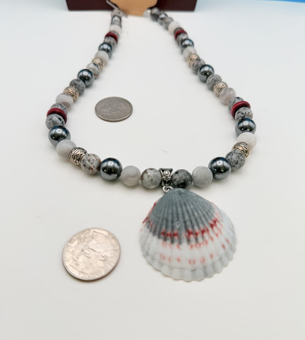 Men's Handmade Hematite and White Marble Bead Necklace with Burgundy Accents