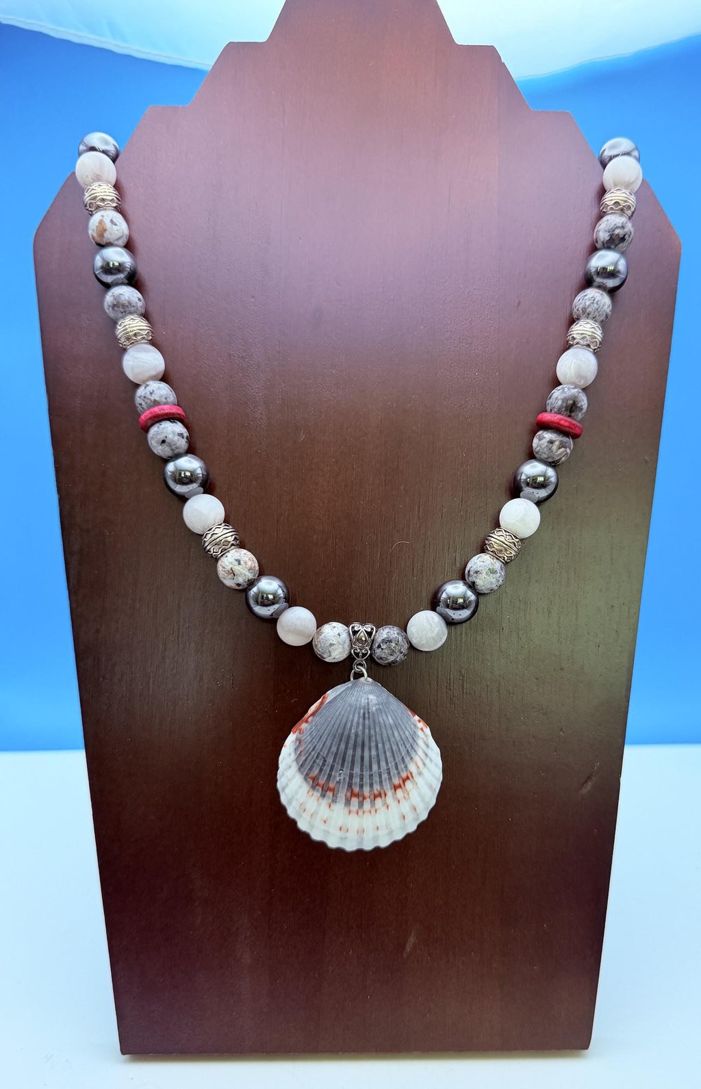Men's Handmade Hematite and White Marble Bead Necklace with Burgundy Accents