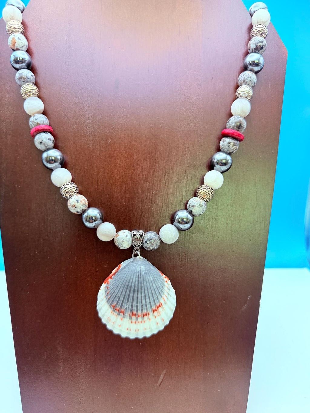 Men's Handmade Hematite and White Marble Bead Necklace with Burgundy Accents