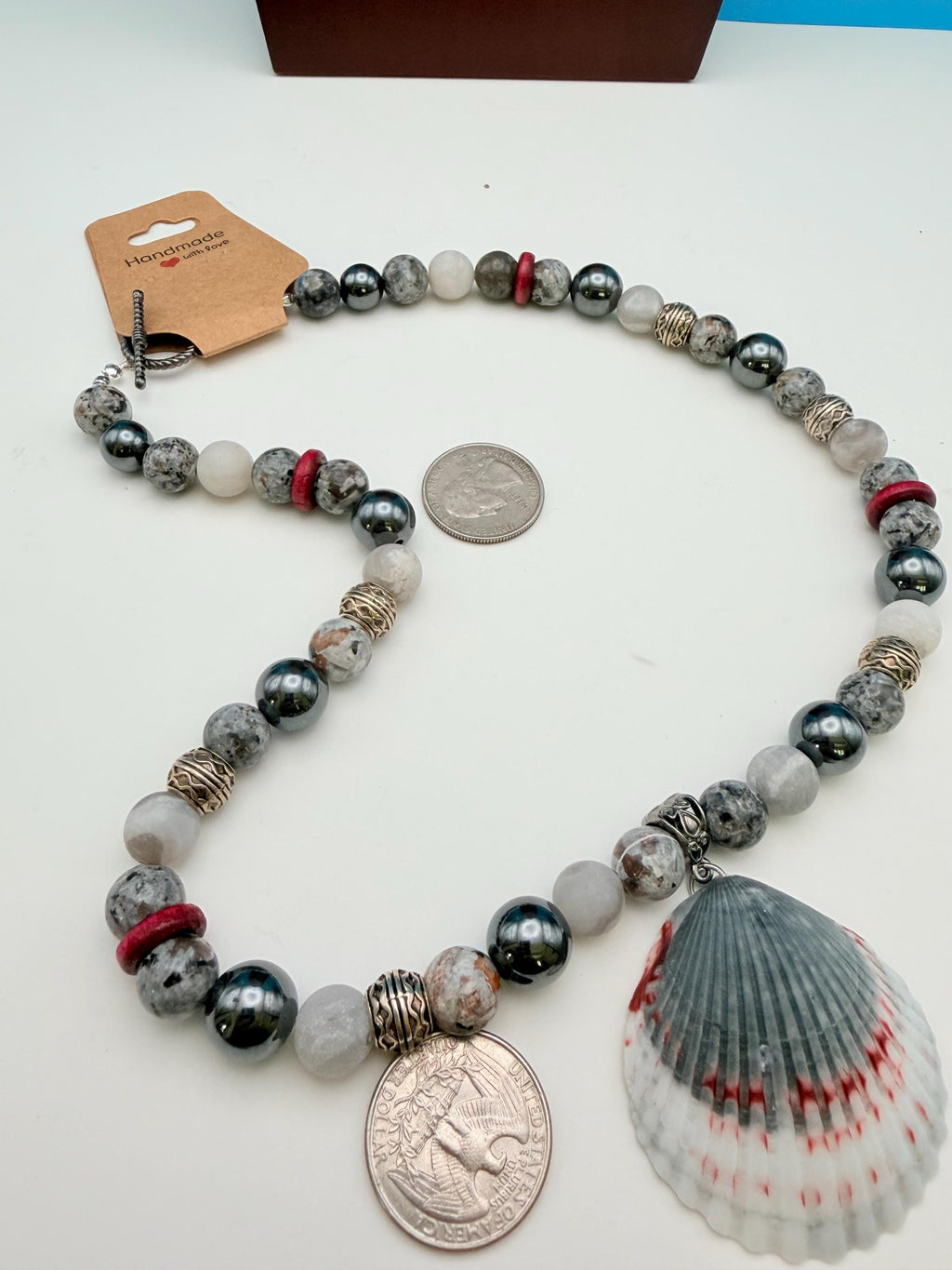 Men's Handmade Hematite and White Marble Bead Necklace with Burgundy Accents