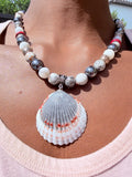 Men's Handmade Hematite and White Marble Bead Necklace with Burgundy Accents