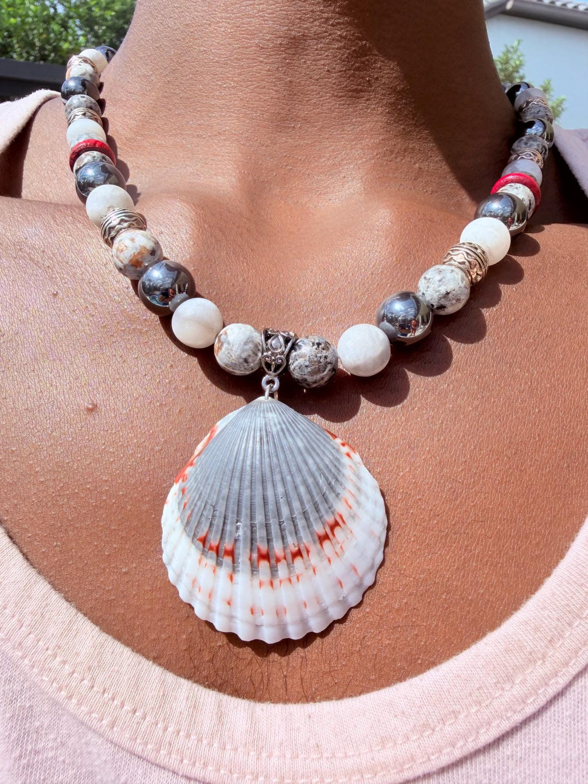 Men's Handmade Hematite and White Marble Bead Necklace with Burgundy Accents
