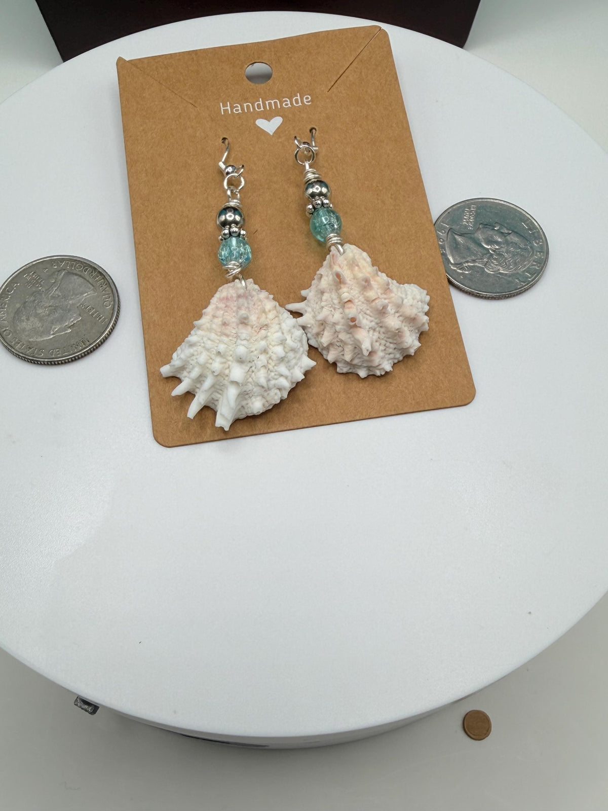 Handmade Florida Spiny Jewel Box Shell Drop Earrings With Aqua Beads