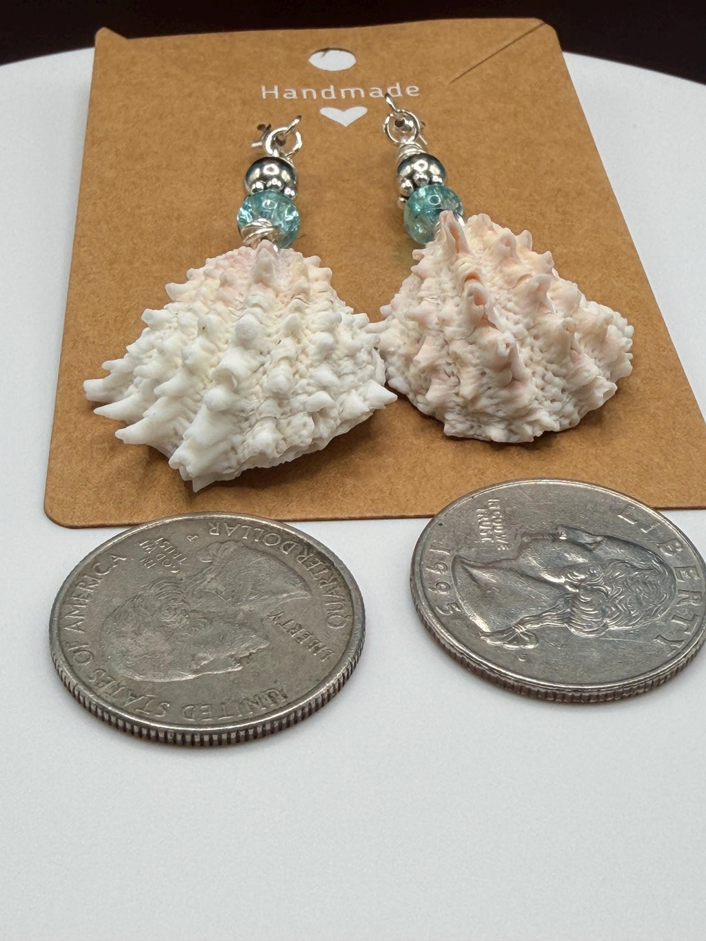 Handmade Florida Spiny Jewel Box Shell Drop Earrings With Aqua Beads