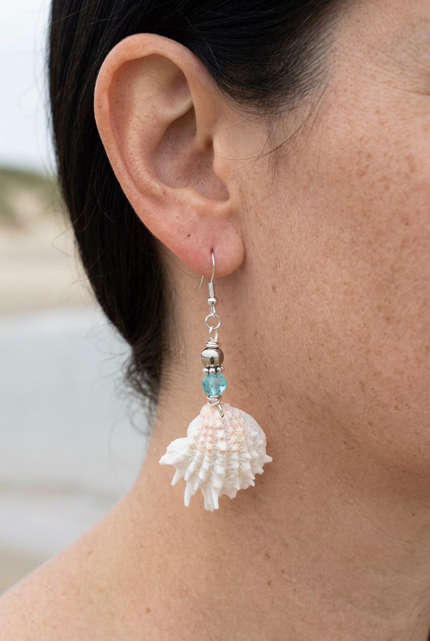 Handmade Florida Spiny Jewel Box Shell Drop Earrings With Aqua Beads