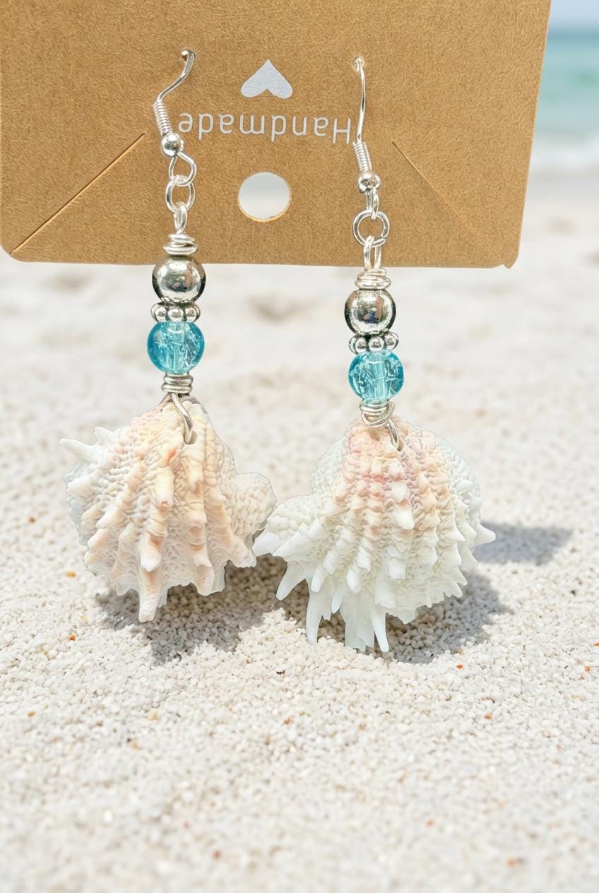 Handmade Florida Spiny Jewel Box Shell Drop Earrings With Aqua Beads