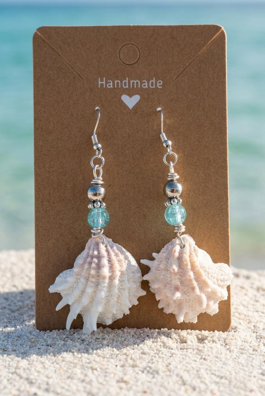 Handmade Florida Spiny Jewel Box Shell Drop Earrings With Aqua Beads