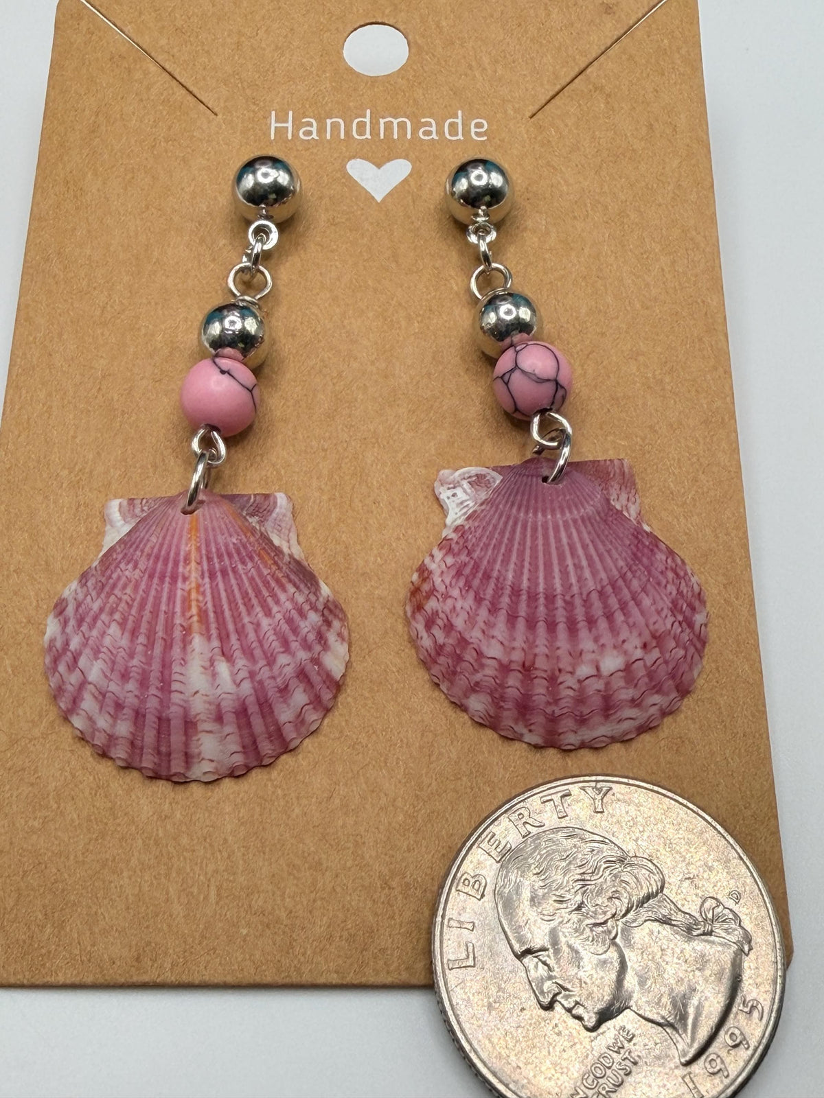 Handmade Pink Calico Scallop Shell Drop Earrings With Beads Sanibel Island