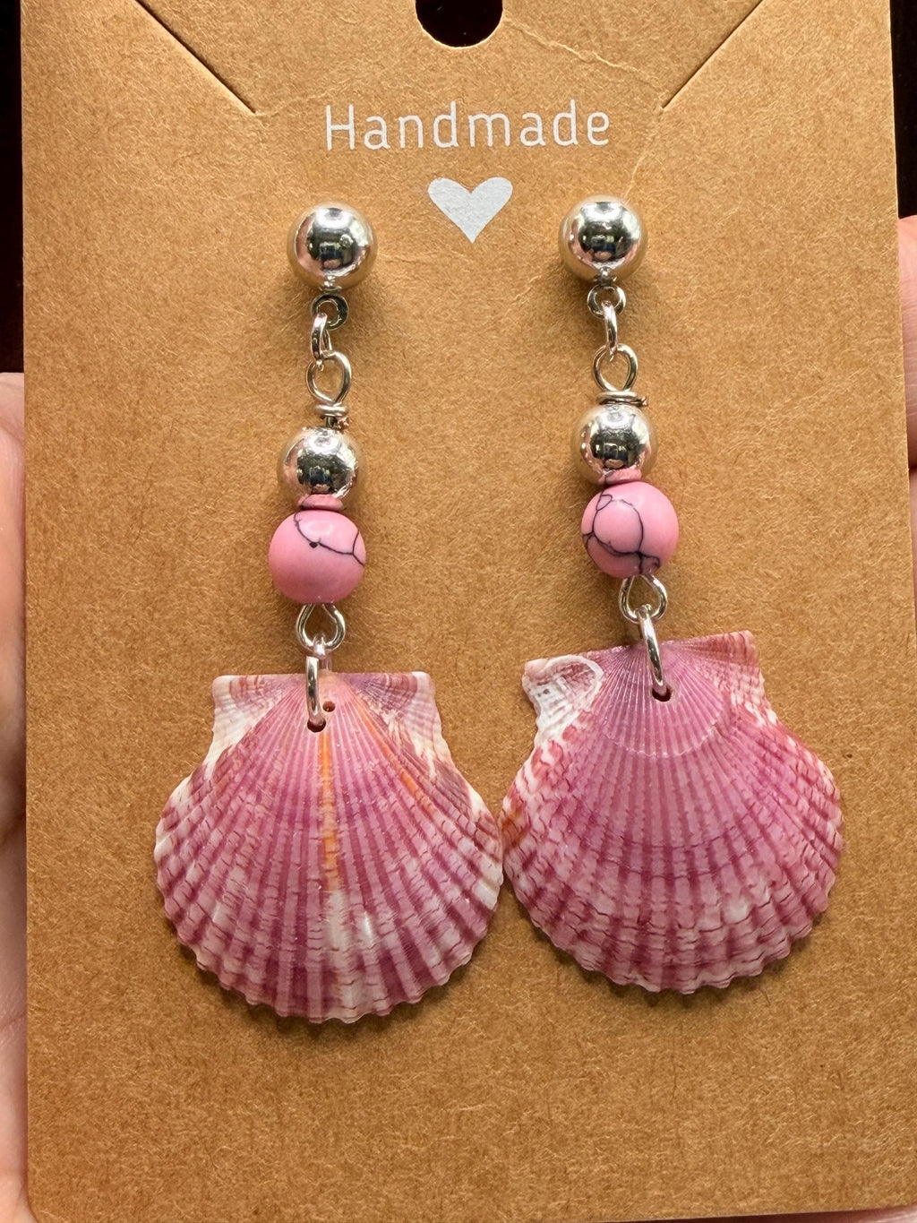 Handmade Pink Calico Scallop Shell Drop Earrings With Beads Sanibel Island