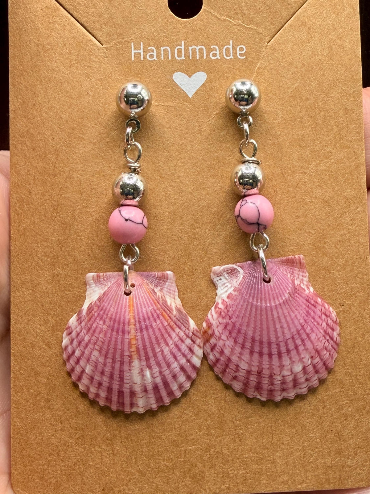 Handmade Pink Calico Scallop Shell Drop Earrings With Beads Sanibel Island
