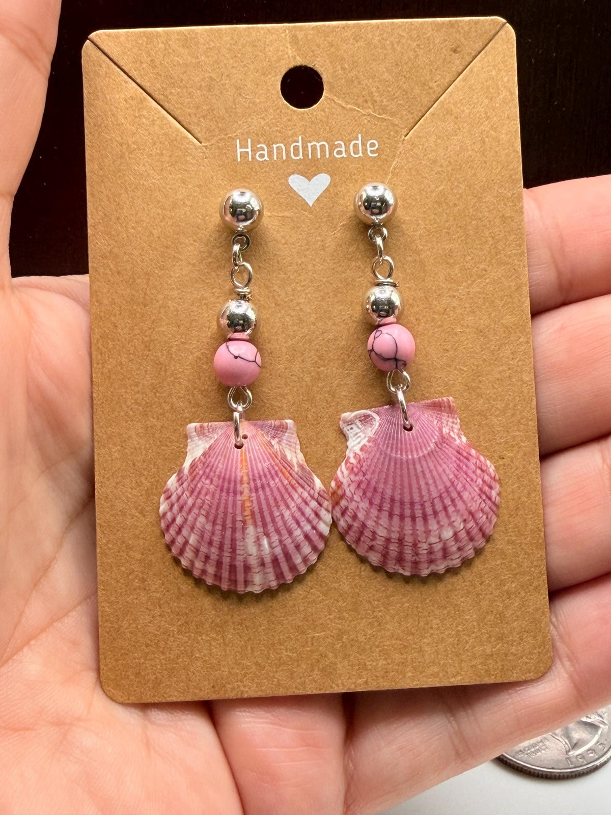 Handmade Pink Calico Scallop Shell Drop Earrings With Beads Sanibel Island