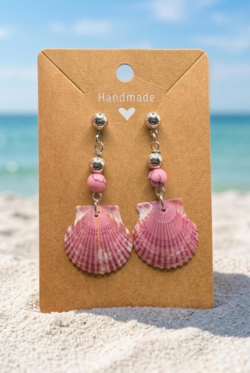 Handmade Pink Calico Scallop Shell Drop Earrings With Beads Sanibel Island