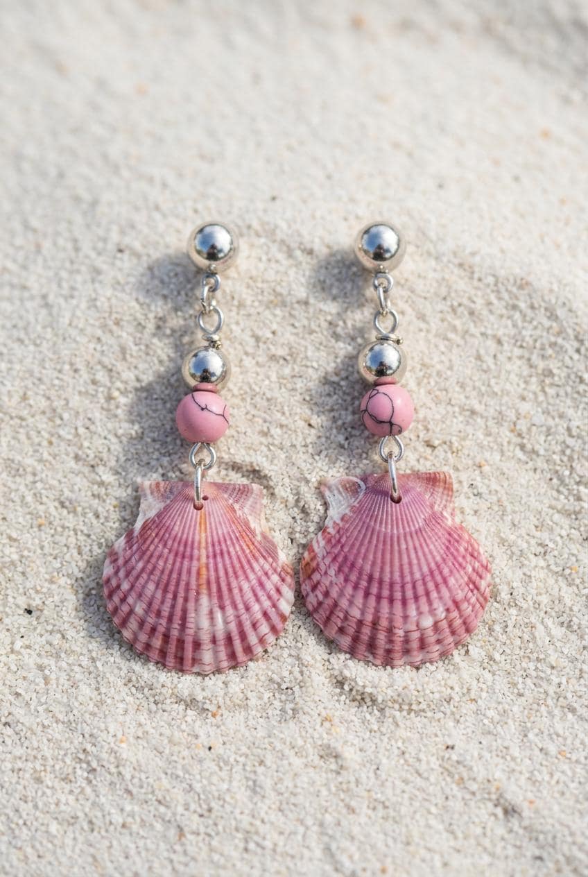 Handmade Pink Calico Scallop Shell Drop Earrings With Beads Sanibel Island