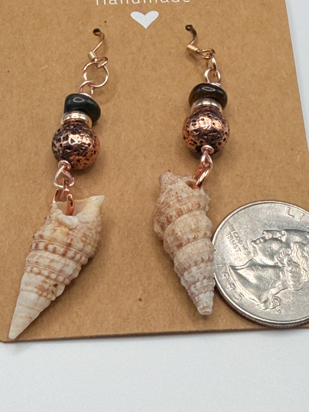 Handmade Spiral Shell Earrings with Black Beads and Copper Coastal Boho Dangles