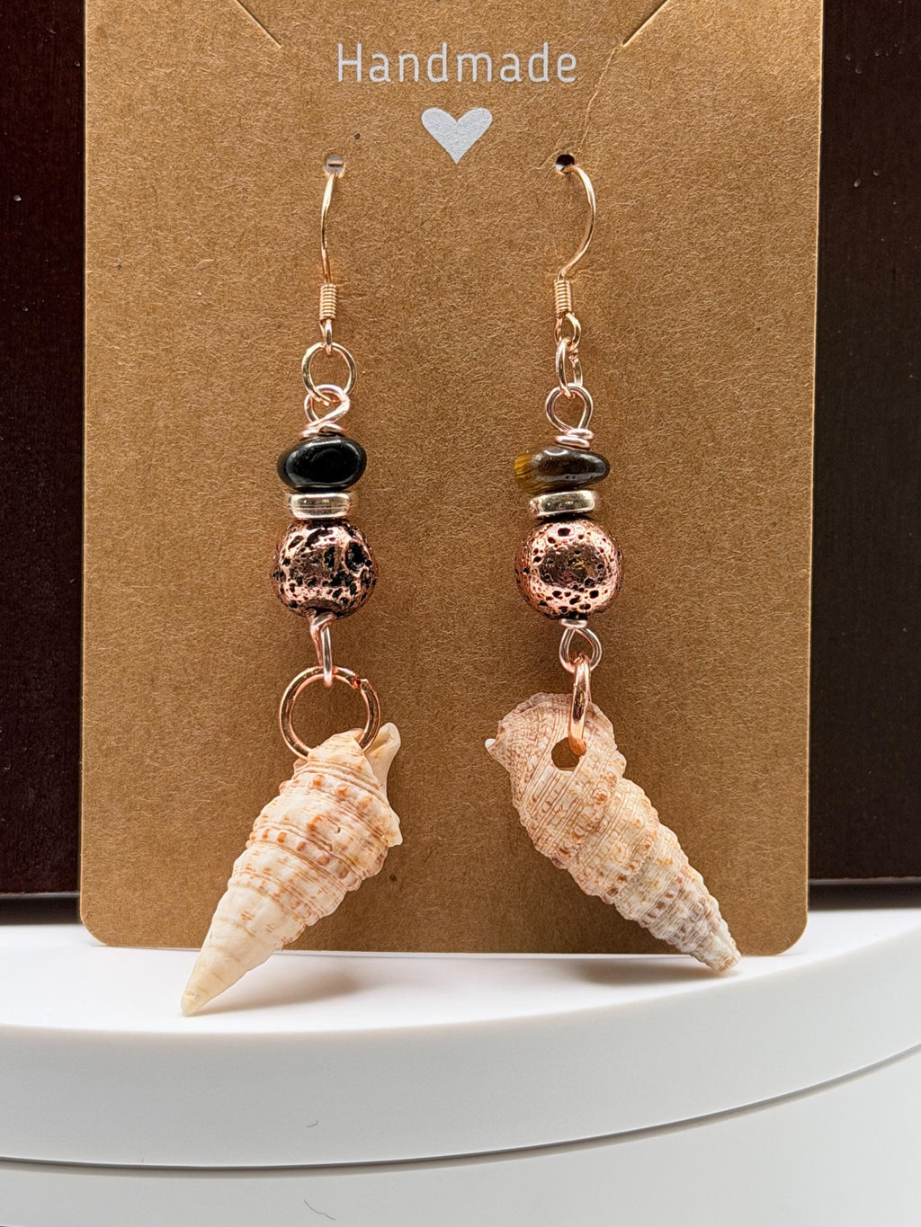 Handmade Spiral Shell Earrings with Black Beads and Copper Coastal Boho Dangles