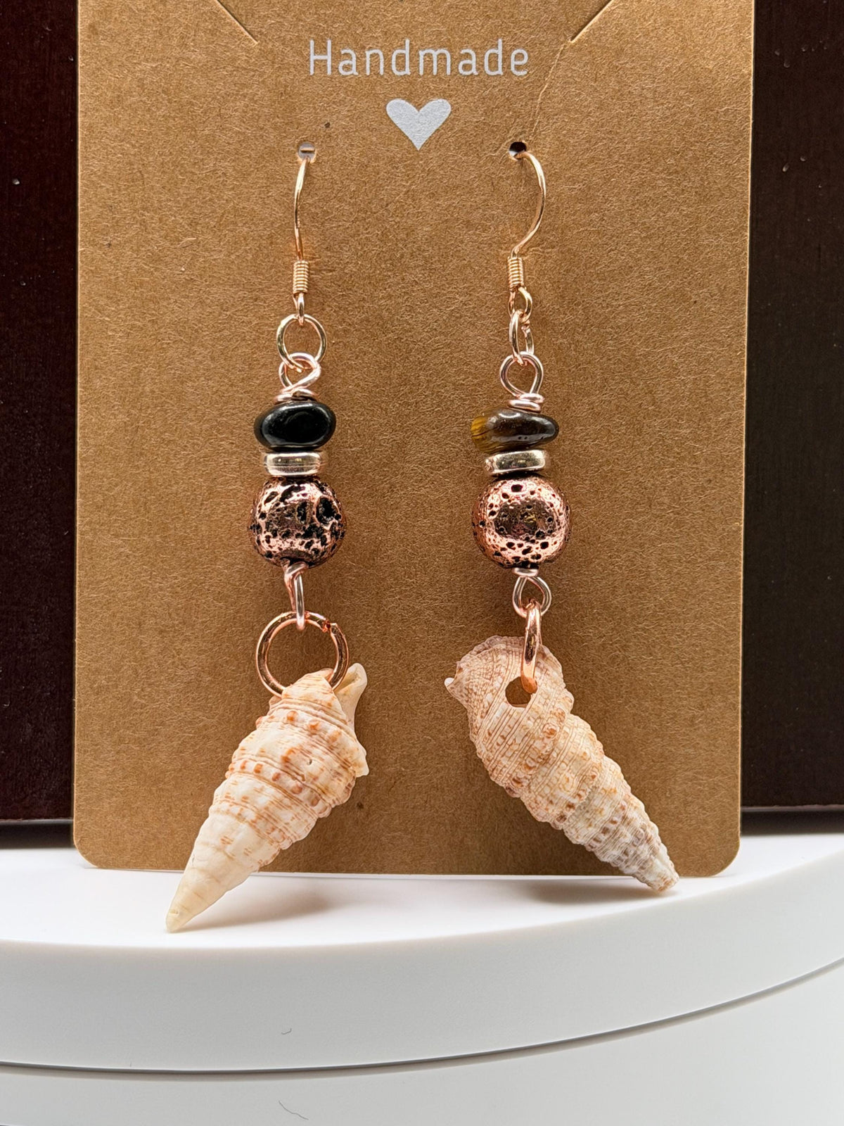 Handmade Spiral Shell Earrings with Black Beads and Copper Coastal Boho Dangles